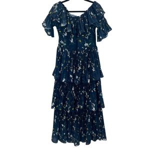 o.p.t. Vimmy Dress Blue Floral Off the Shoulder Tiered OPT Maxi Dress Size L